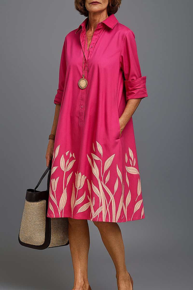 Women's Floral-Hem A-Line Midi Cocktail Dress Collared - Pink