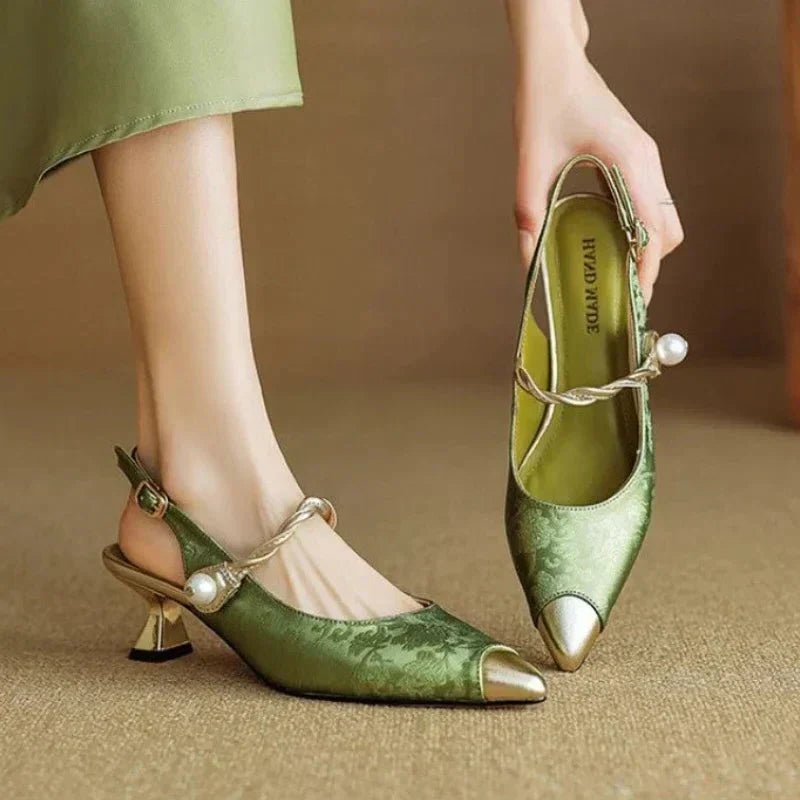 Women's Floral Jacquard Pearl-Strap Slingback Pointed-Toe Kitten Heel Pumps - Green