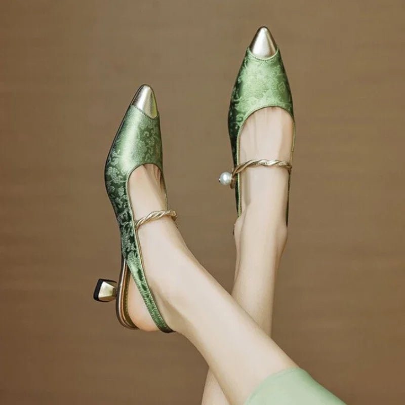 Women's Floral Jacquard Pearl-Strap Slingback Pointed-Toe Kitten Heel Pumps