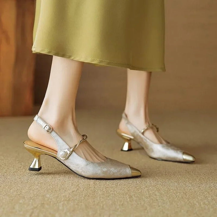 Women's Floral Jacquard Pearl-Strap Slingback Pointed-Toe Kitten Heel Pumps - Beige