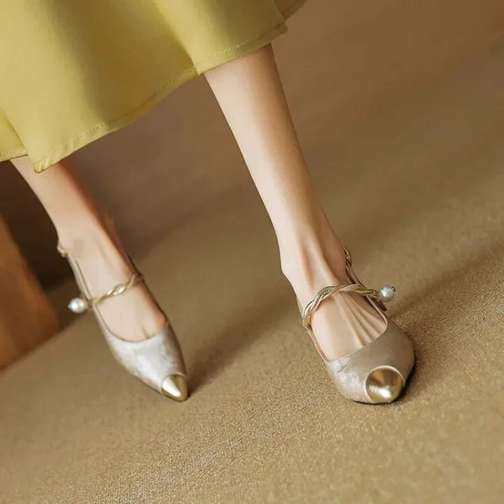 Women's Floral Jacquard Pearl-Strap Slingback Pointed-Toe Kitten Heel Pumps
