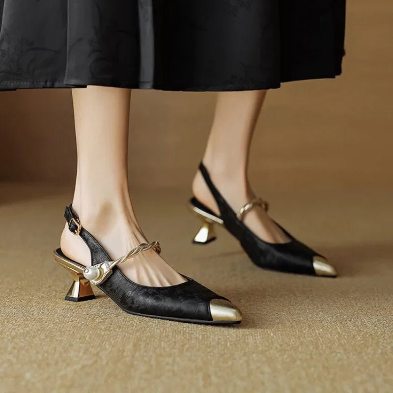 Women's Floral Jacquard Pearl-Strap Slingback Pointed-Toe Kitten Heel Pumps - Black