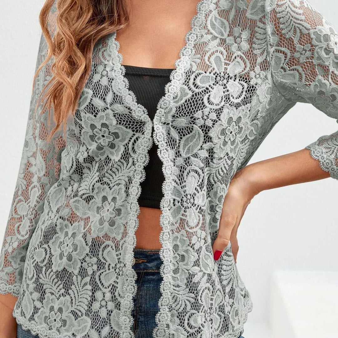 Women's Floral Lace Open-Front 3/4 Sleeve Cardigan - Silver Gray