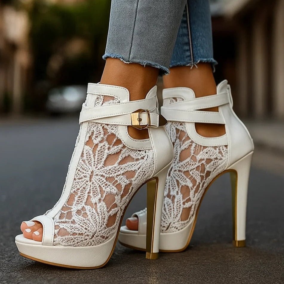 Women's Floral Lace Peep-Toe Stiletto Ankle Bootie Heels