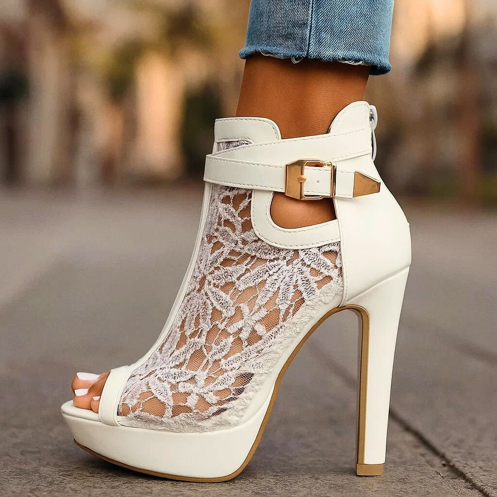Women's Floral Lace Peep-Toe Stiletto Ankle Bootie Heels - Ivory White