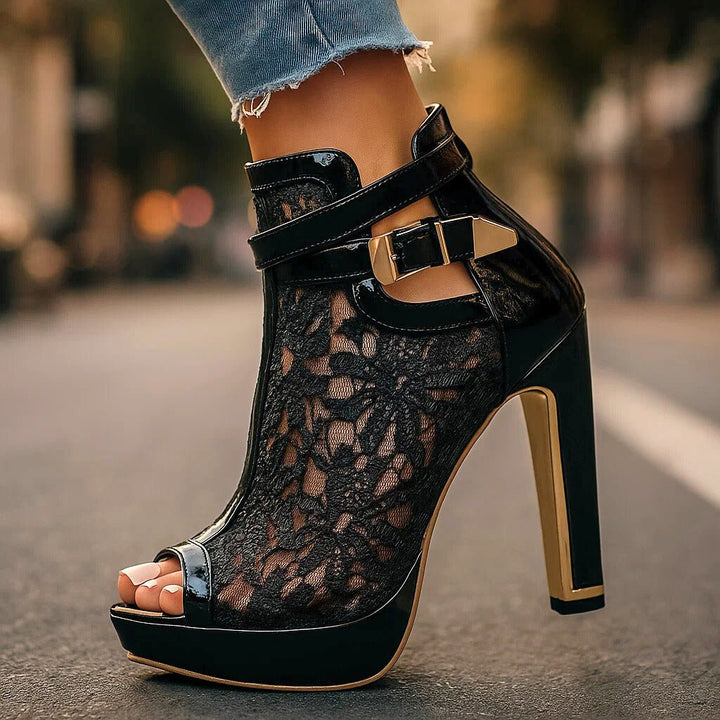 Women's Floral Lace Peep-Toe Stiletto Ankle Bootie Heels - Classic Black