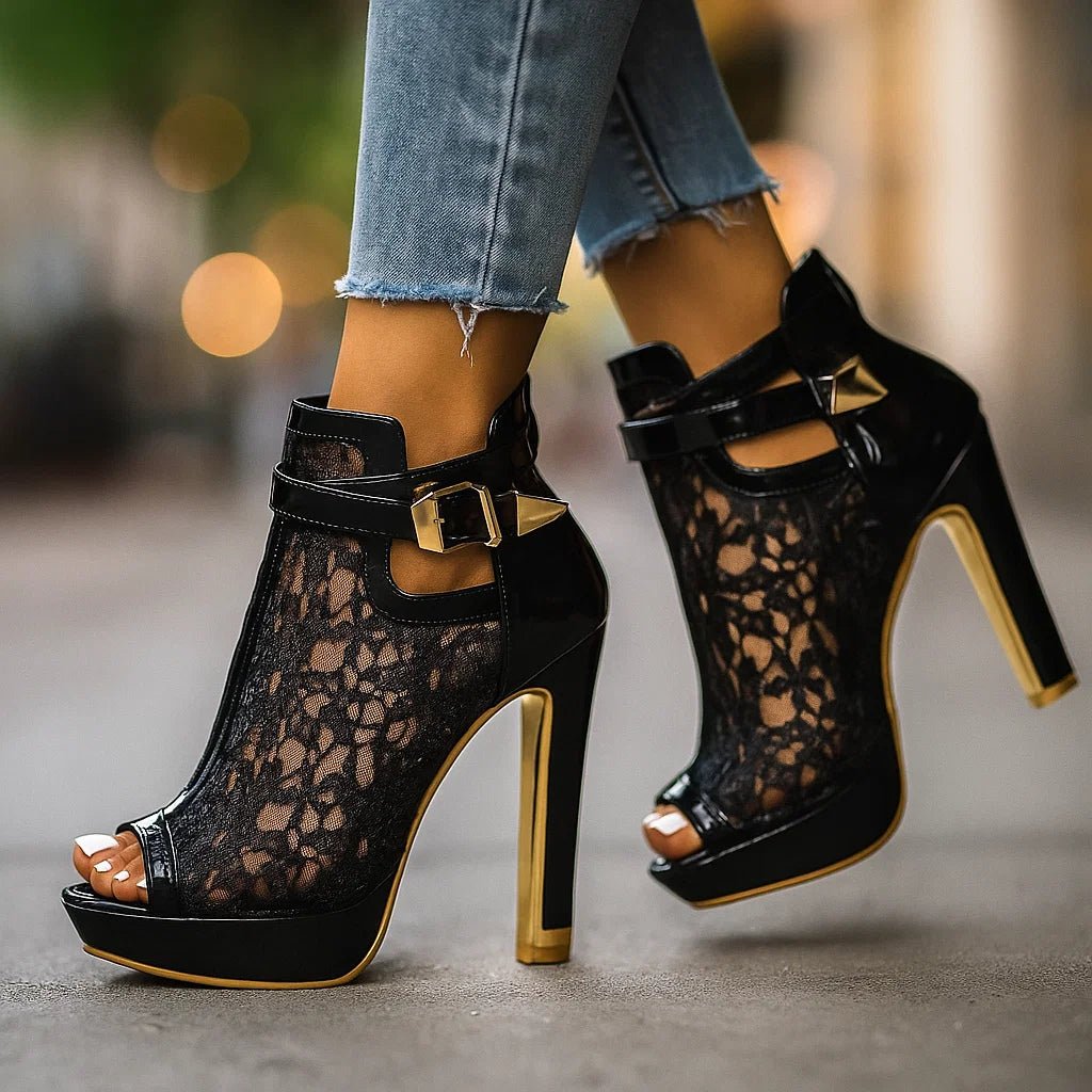 Women's Floral Lace Peep-Toe Stiletto Ankle Bootie Heels