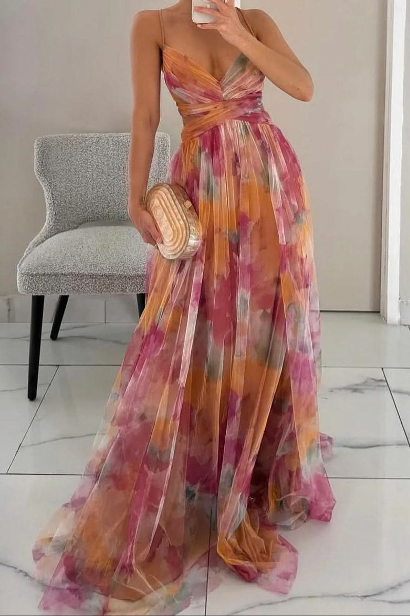 Women's Floral Maxi Cocktail Dress Sleeveless V-Neck A-Line Tulle Gown - Orange