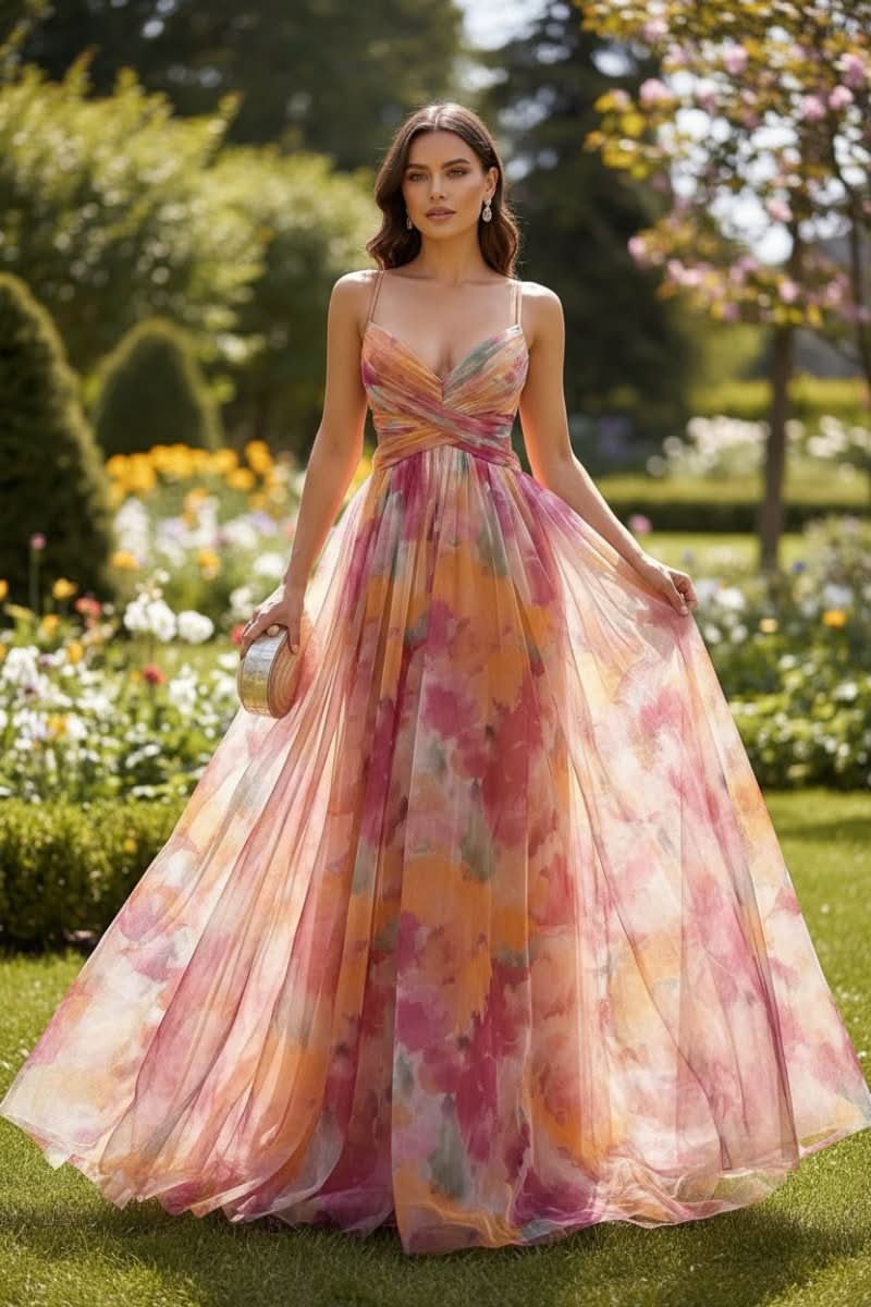 Women's Floral Maxi Cocktail Dress Sleeveless V-Neck A-Line Tulle Gown