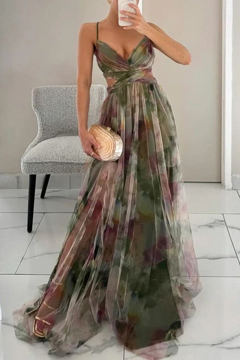 Women's Floral Maxi Cocktail Dress Sleeveless V-Neck A-Line Tulle Gown - Green