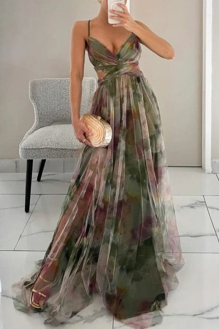 Women's Floral Maxi Cocktail Dress Sleeveless V-Neck A-Line Tulle Gown - Green