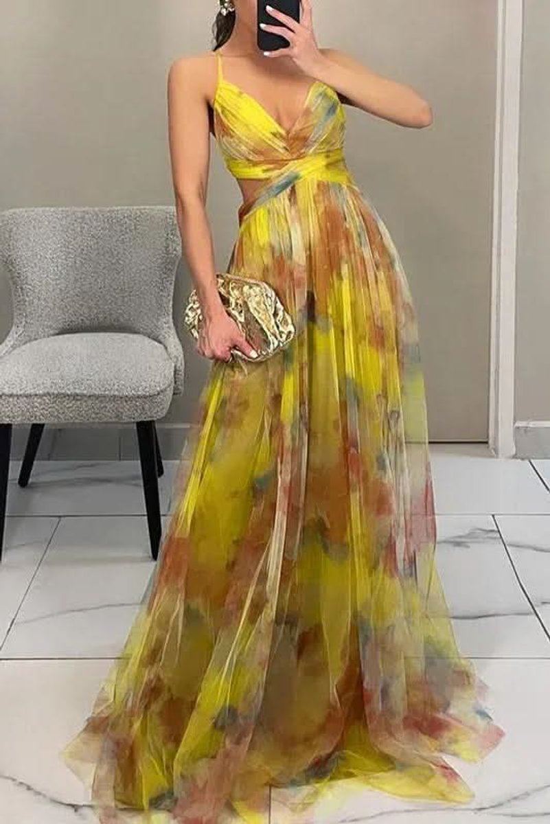 Women's Floral Maxi Cocktail Dress Sleeveless V-Neck A-Line Tulle Gown - Yellow