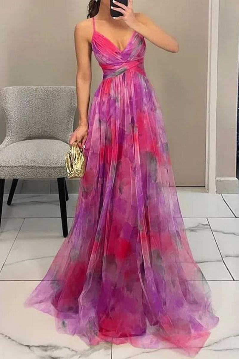 Women's Floral Maxi Cocktail Dress Sleeveless V-Neck A-Line Tulle Gown - Pink