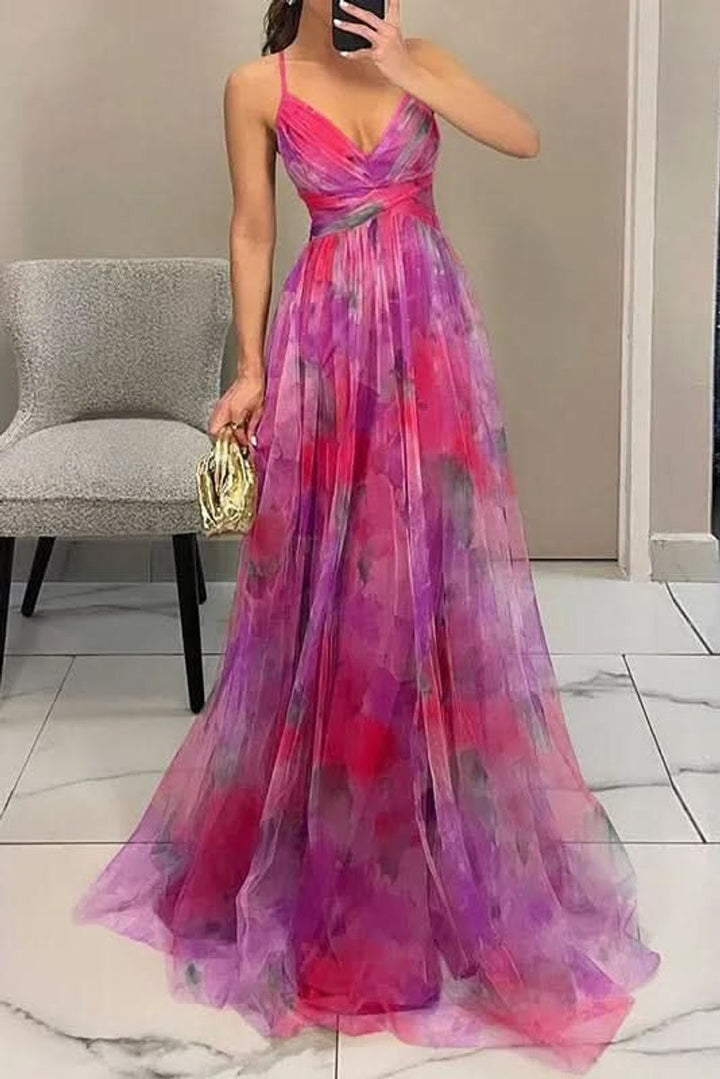 Women's Floral Maxi Cocktail Dress Sleeveless V-Neck A-Line Tulle Gown - Pink