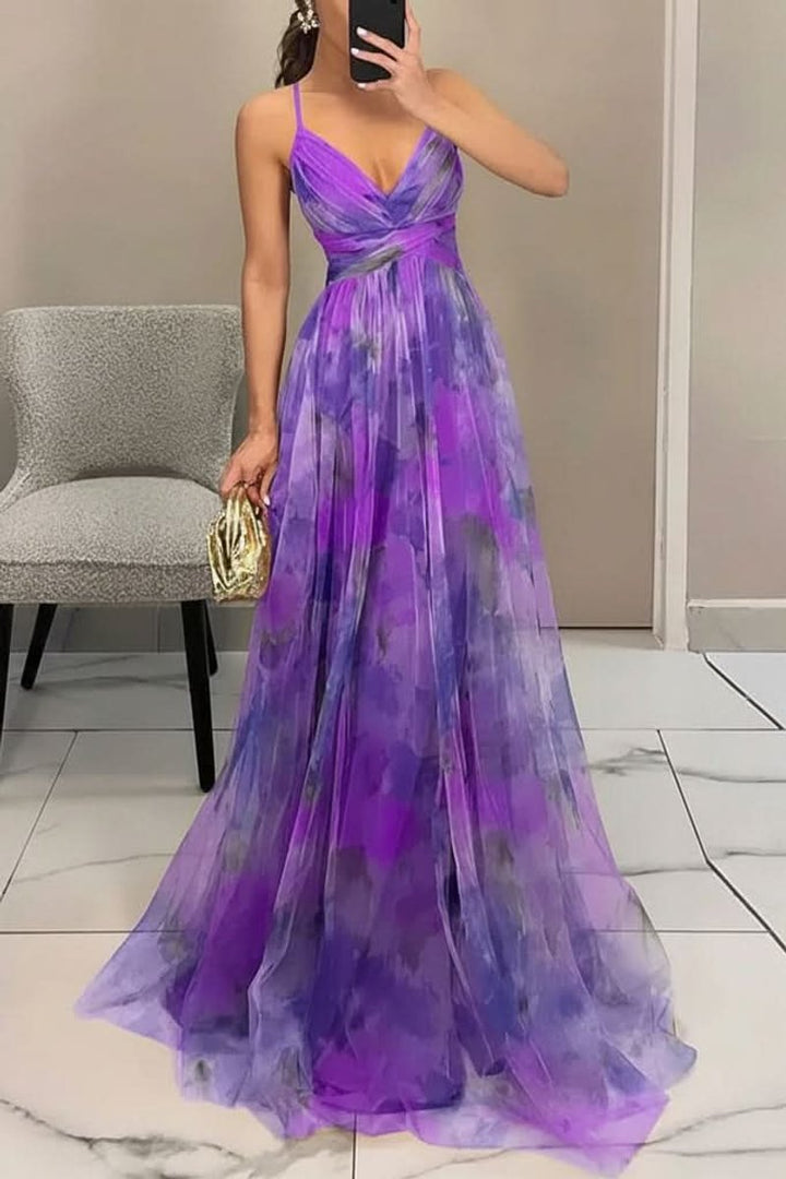 Women's Floral Maxi Cocktail Dress Sleeveless V-Neck A-Line Tulle Gown - Purple