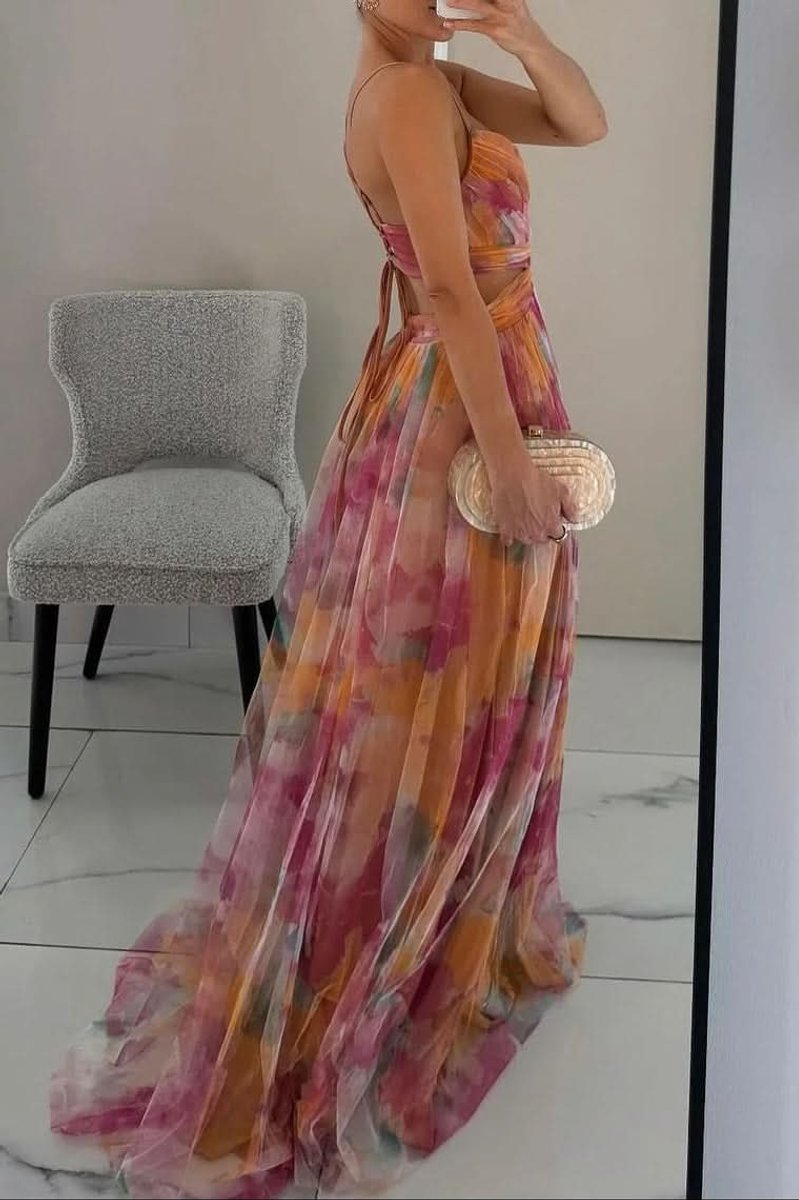 Women's Floral Maxi Cocktail Dress Sleeveless V-Neck A-Line Tulle Gown