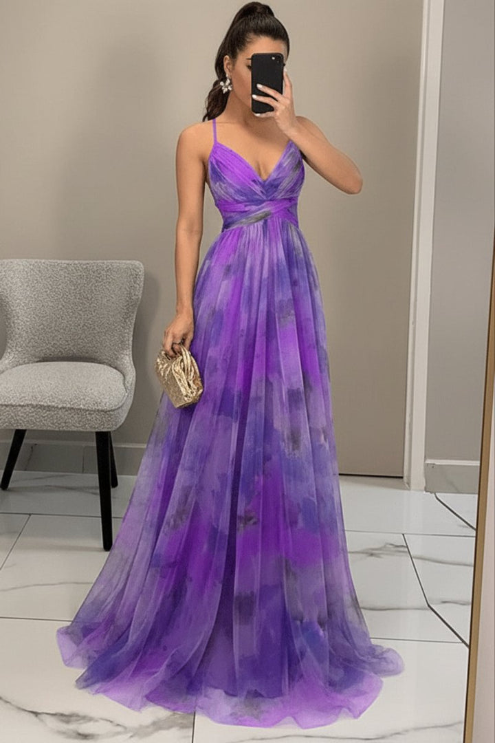 Women's Floral Maxi Cocktail Dress Sleeveless V-Neck A-Line Tulle Gown
