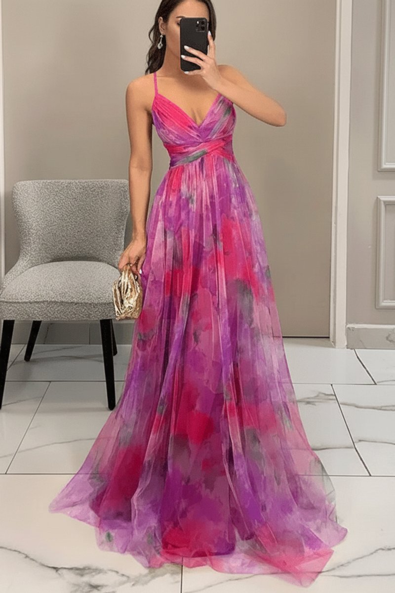 Women's Floral Maxi Cocktail Dress Sleeveless V-Neck A-Line Tulle Gown