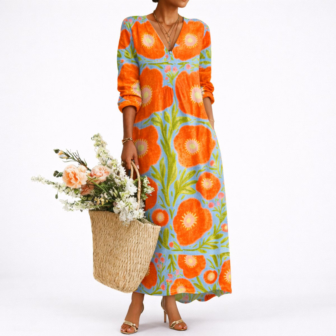 Women's Floral Maxi Fall Wedding Guest Dress V-Neck Long Sleeve - Multicolor
