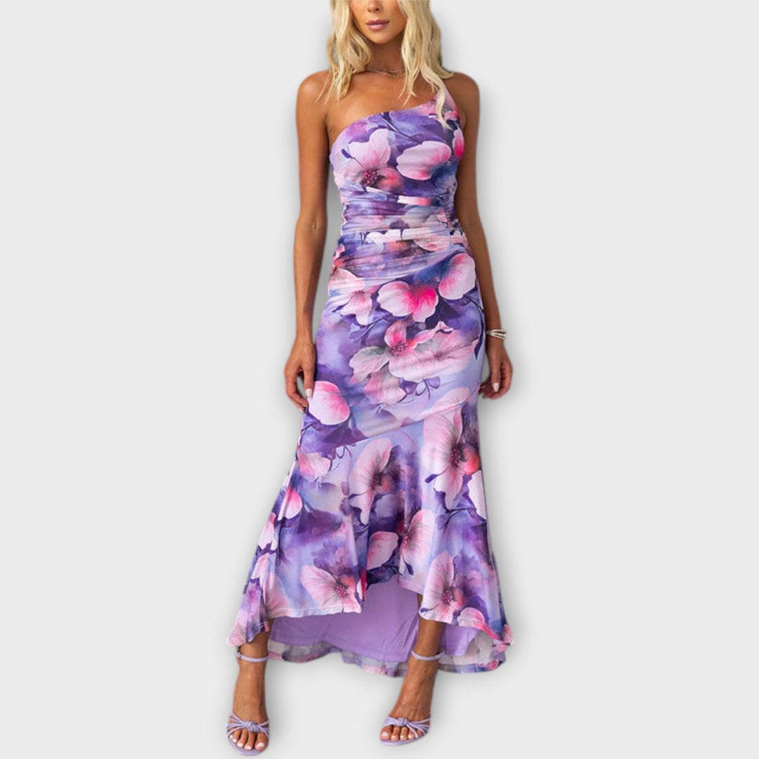 Women's Floral Mesh Asymmetric Ruched Sleeveless Maxi Dress - Purple