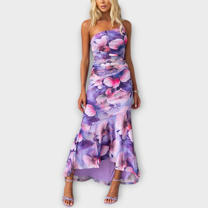 Women's Floral Mesh Asymmetric Ruched Sleeveless Maxi Dress - Purple