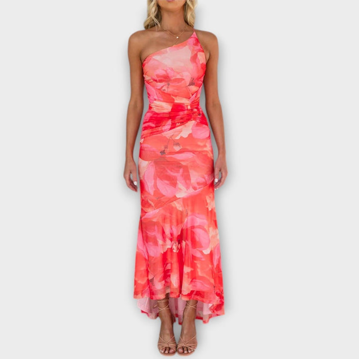 Women's Floral Mesh Asymmetric Ruched Sleeveless Maxi Dress