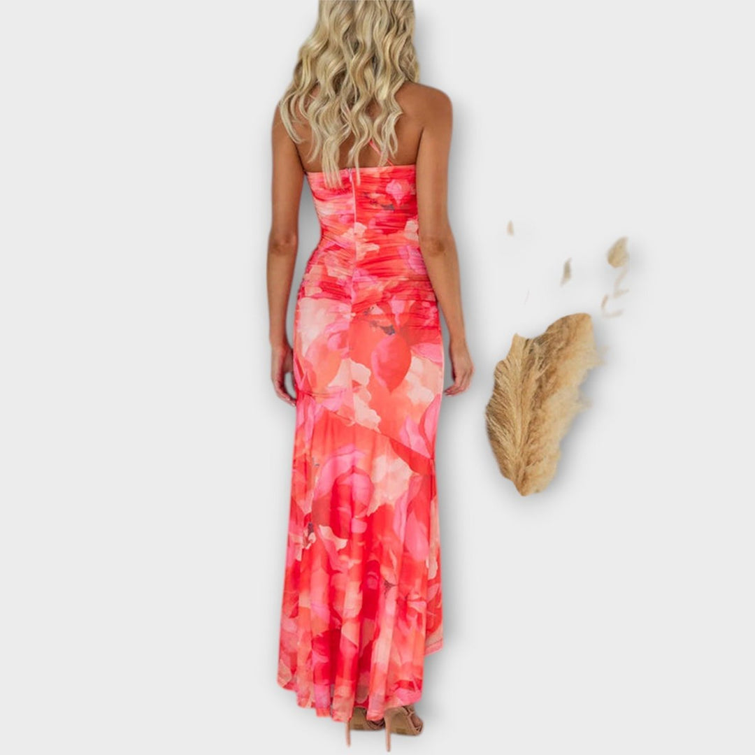 Women's Floral Mesh Asymmetric Ruched Sleeveless Maxi Dress