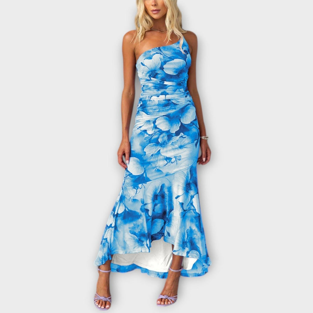 Women's Floral Mesh Asymmetric Ruched Sleeveless Maxi Dress - Blue