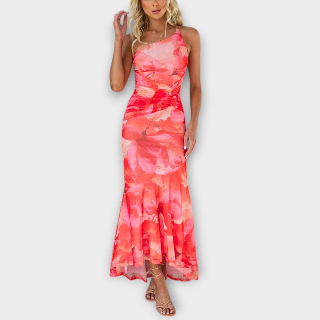 Women's Floral Mesh Asymmetric Ruched Sleeveless Maxi Dress - Pink