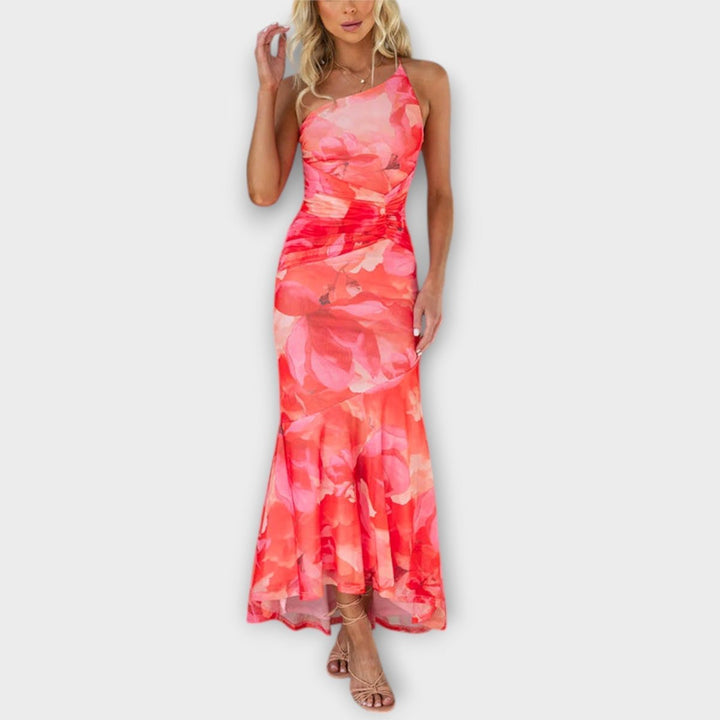 Women's Floral Mesh Asymmetric Ruched Sleeveless Maxi Dress - Pink