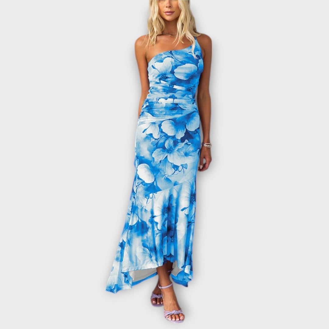 Women's Floral Mesh Asymmetric Ruched Sleeveless Maxi Dress