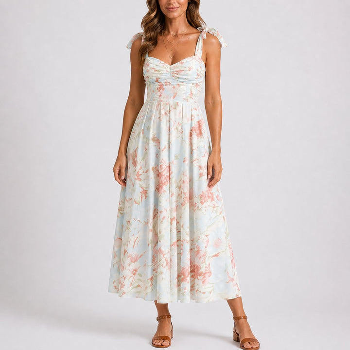 Women's Floral Midi Fall Wedding Guest Dress Ruched Tie-Shoulder A-Line - Floral