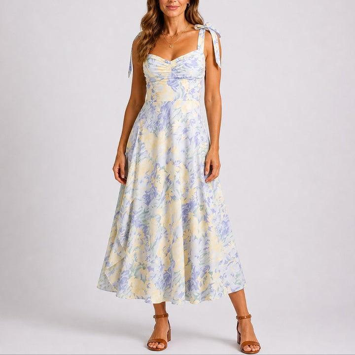 Women's Floral Midi Fall Wedding Guest Dress Ruched Tie-Shoulder A-Line - Floral White