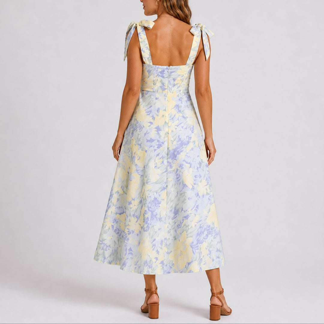 Women's Floral Midi Fall Wedding Guest Dress Ruched Tie-Shoulder A-Line