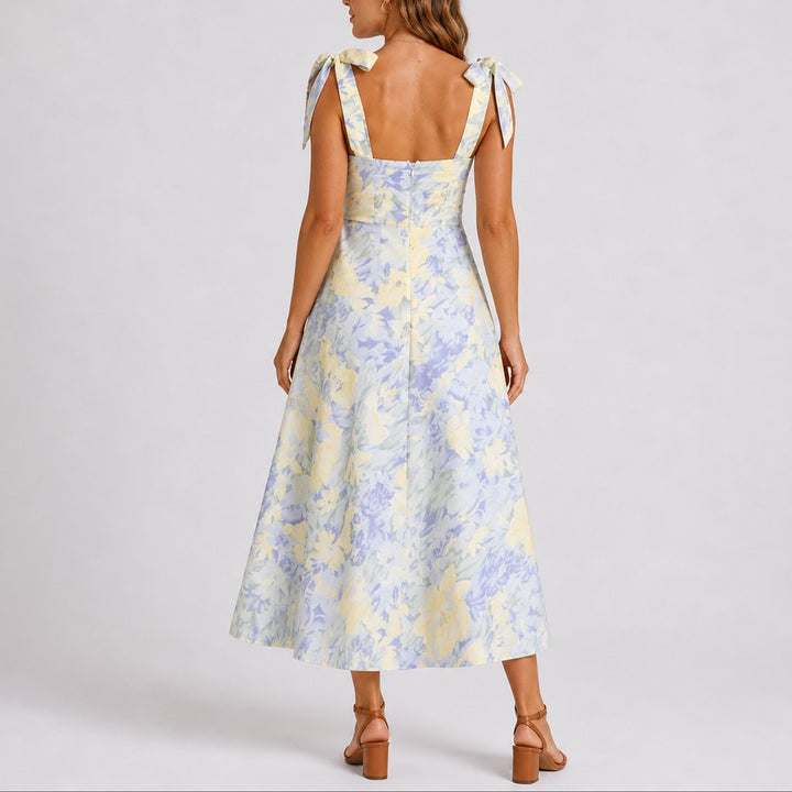 Women's Floral Midi Fall Wedding Guest Dress Ruched Tie-Shoulder A-Line