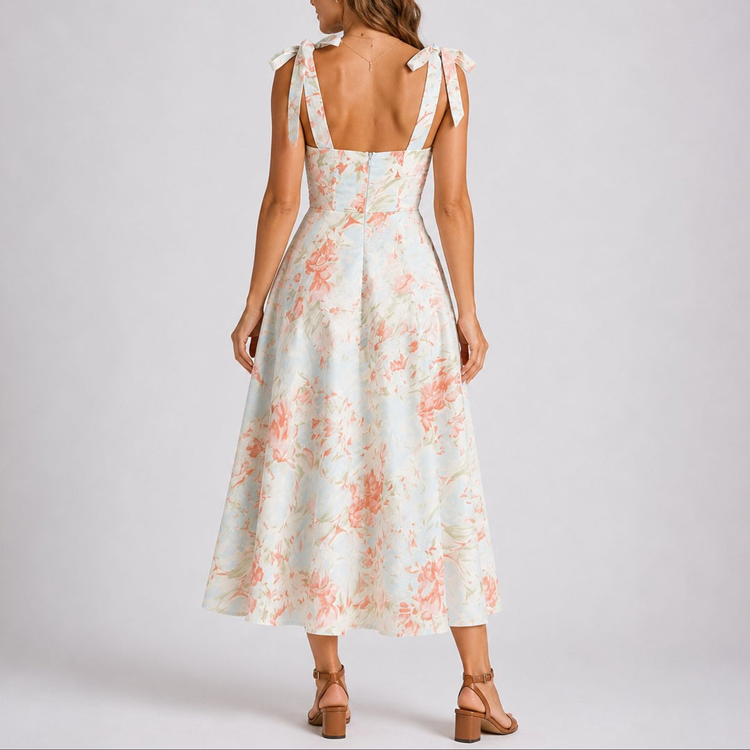 Women's Floral Midi Fall Wedding Guest Dress Ruched Tie-Shoulder A-Line