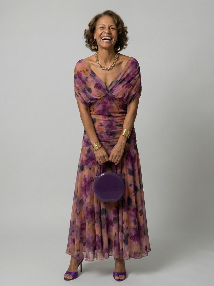 Women's Floral Off-Shoulder Draped-Neckline Midi Dress - Purple