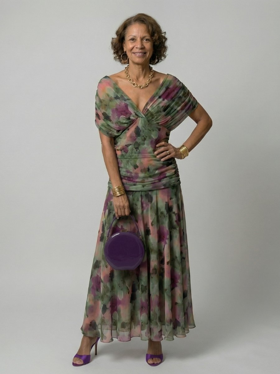 Women's Floral Off-Shoulder Draped-Neckline Midi Dress - Multicolor