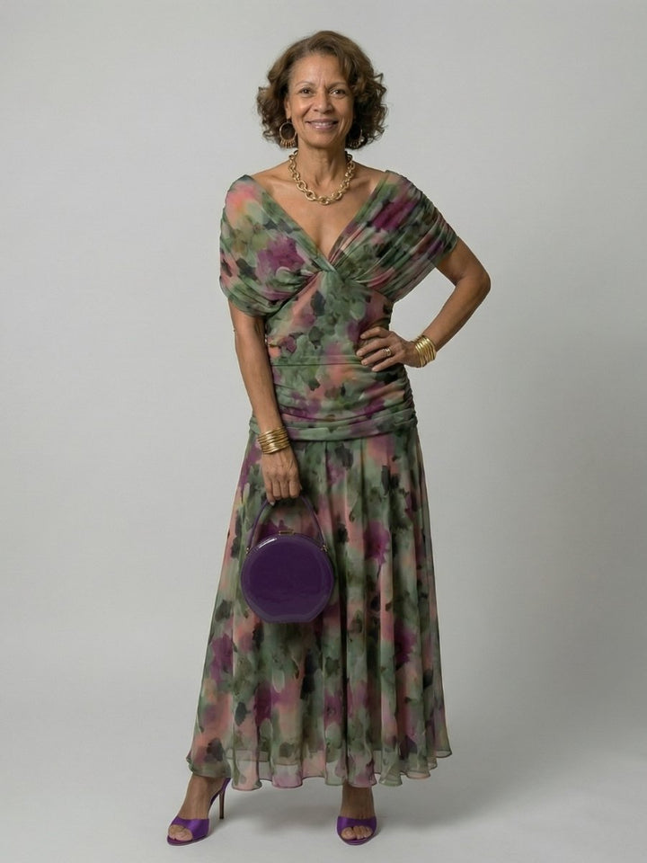 Women's Floral Off-Shoulder Draped-Neckline Midi Dress - Multicolor