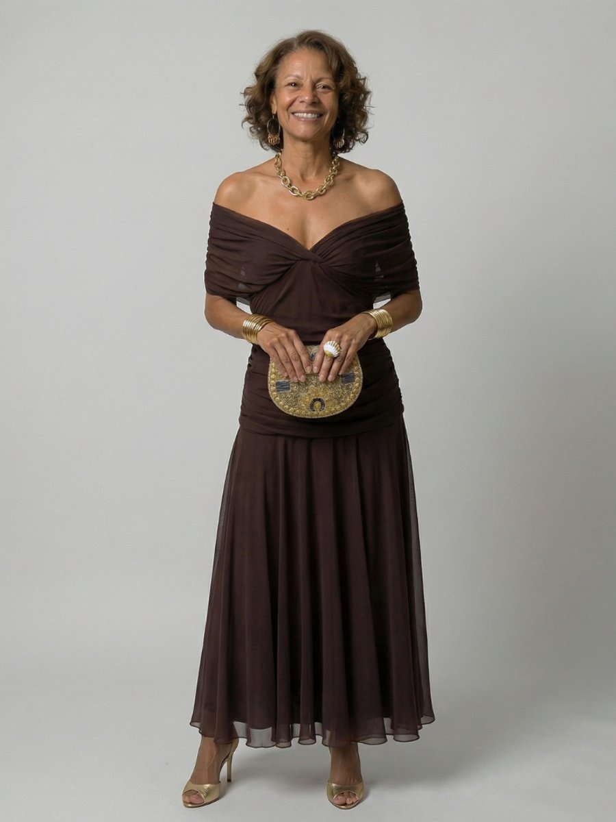 Women's Floral Off-Shoulder Draped-Neckline Midi Dress - Brown