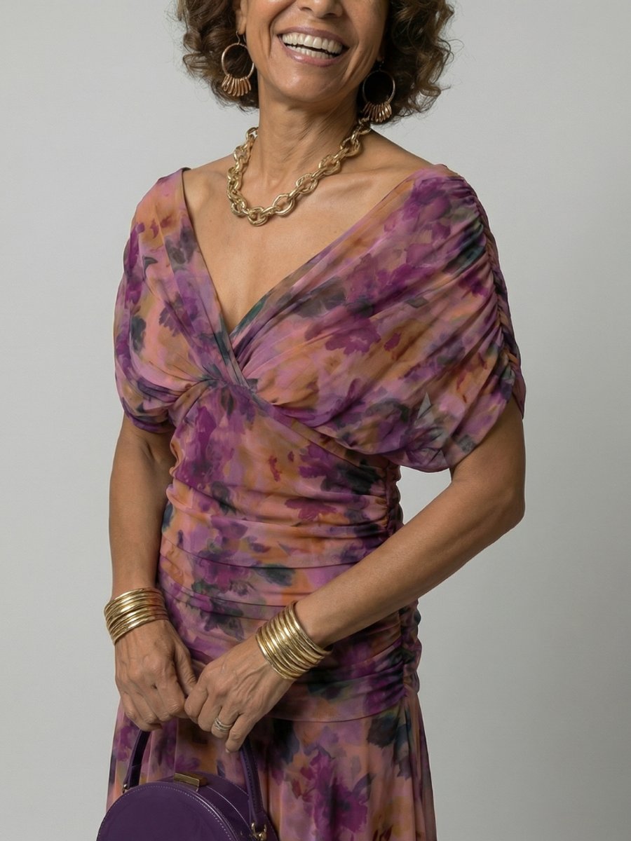 Women's Floral Off-Shoulder Draped-Neckline Midi Dress