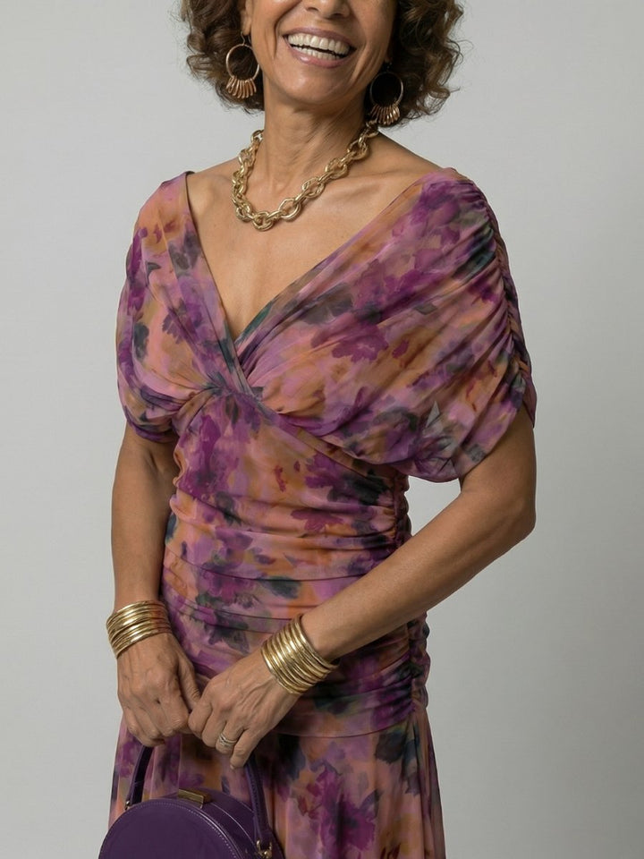 Women's Floral Off-Shoulder Draped-Neckline Midi Dress