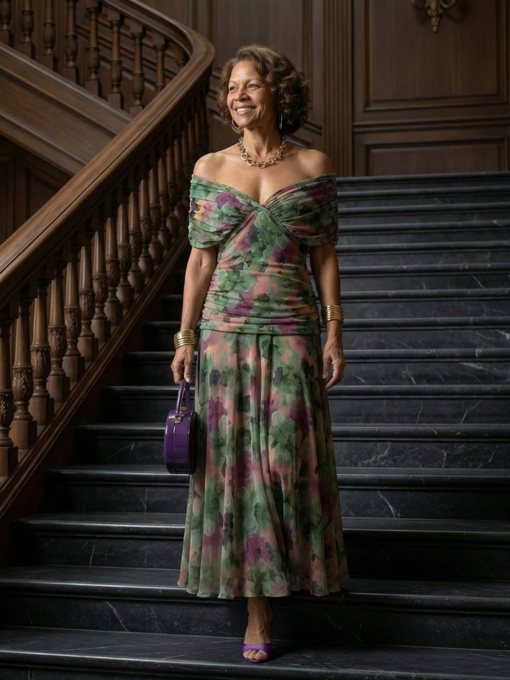 Women's Floral Off-Shoulder Draped-Neckline Midi Dress