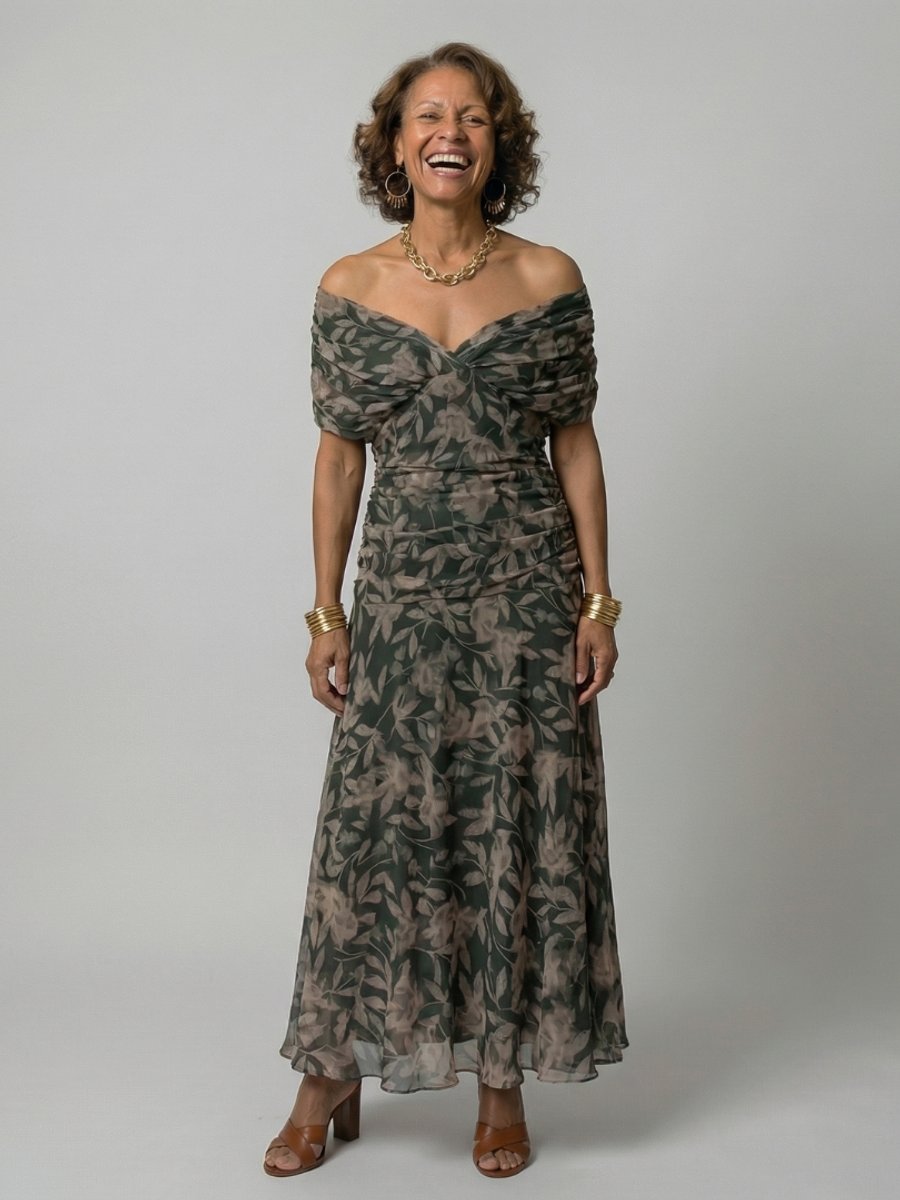 Women's Floral Off-Shoulder Draped-Neckline Midi Dress - Dark Green