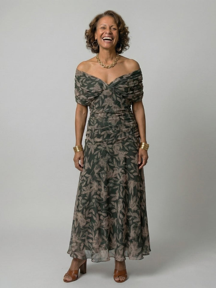 Women's Floral Off-Shoulder Draped-Neckline Midi Dress - Dark Green