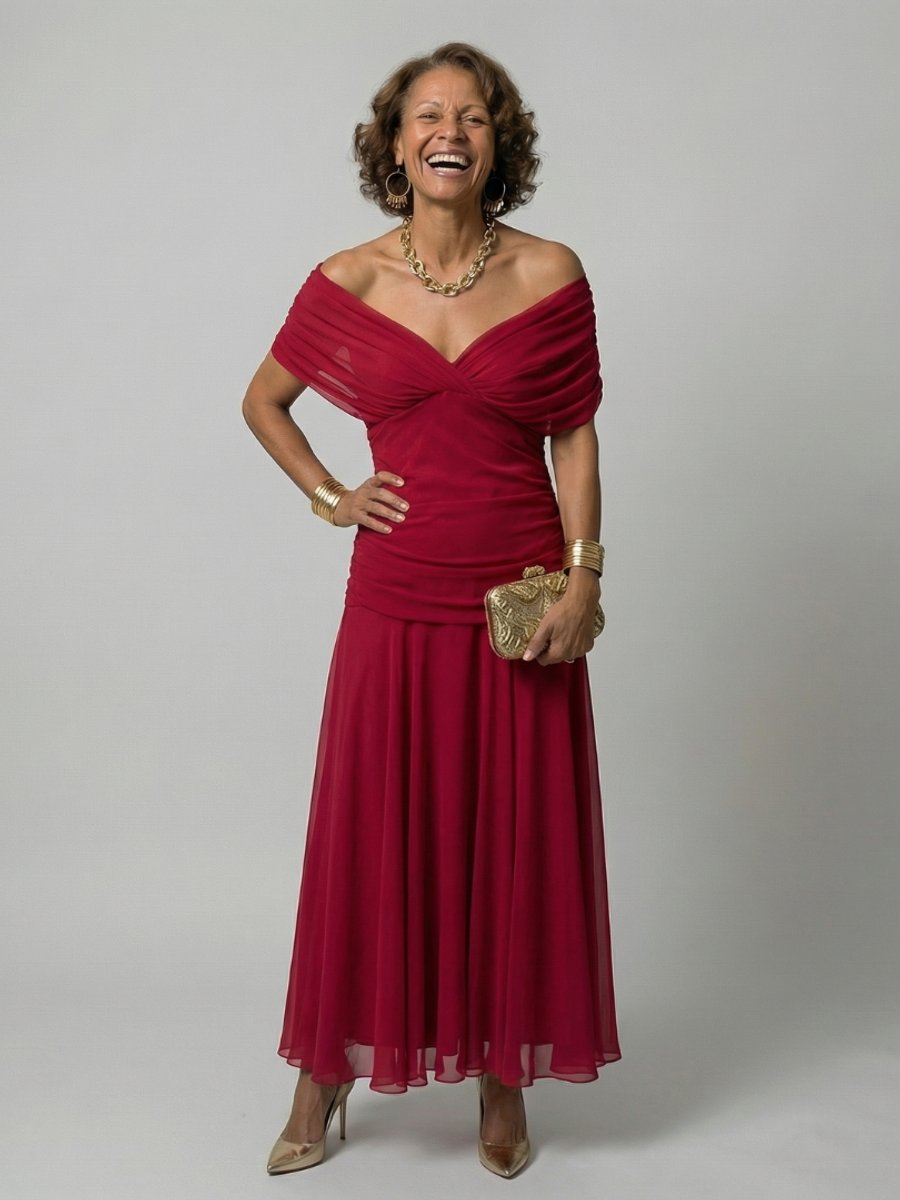 Women's Floral Off-Shoulder Draped-Neckline Midi Dress - Red