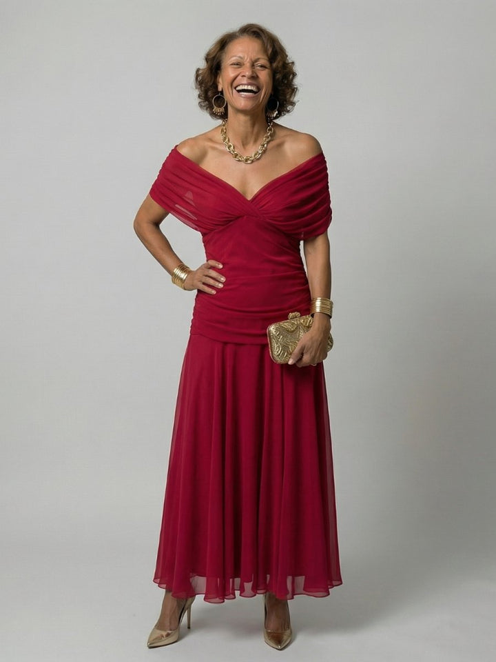 Women's Floral Off-Shoulder Draped-Neckline Midi Dress - Red