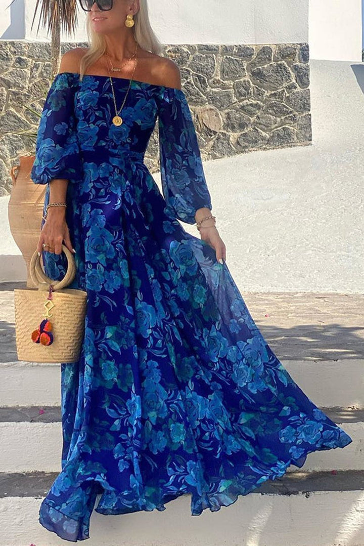 Women's Floral Off-Shoulder Long Sleeve Maxi Mother of the Bride Dress - Blue