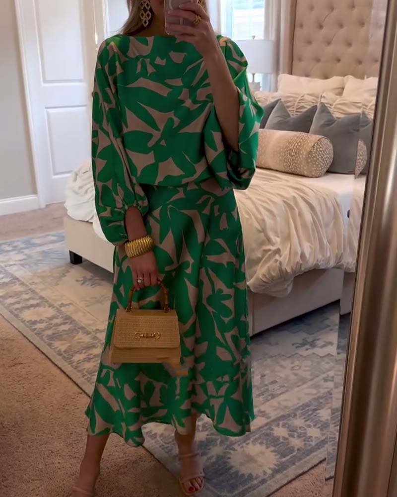 Women's Floral-Print Lantern-Sleeve Coordinated Top Midi Skirt Set - Green