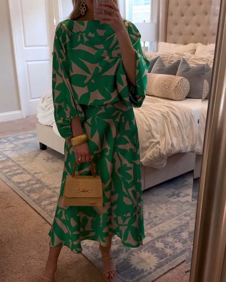 Women's Floral-Print Lantern-Sleeve Coordinated Top Midi Skirt Set - Green